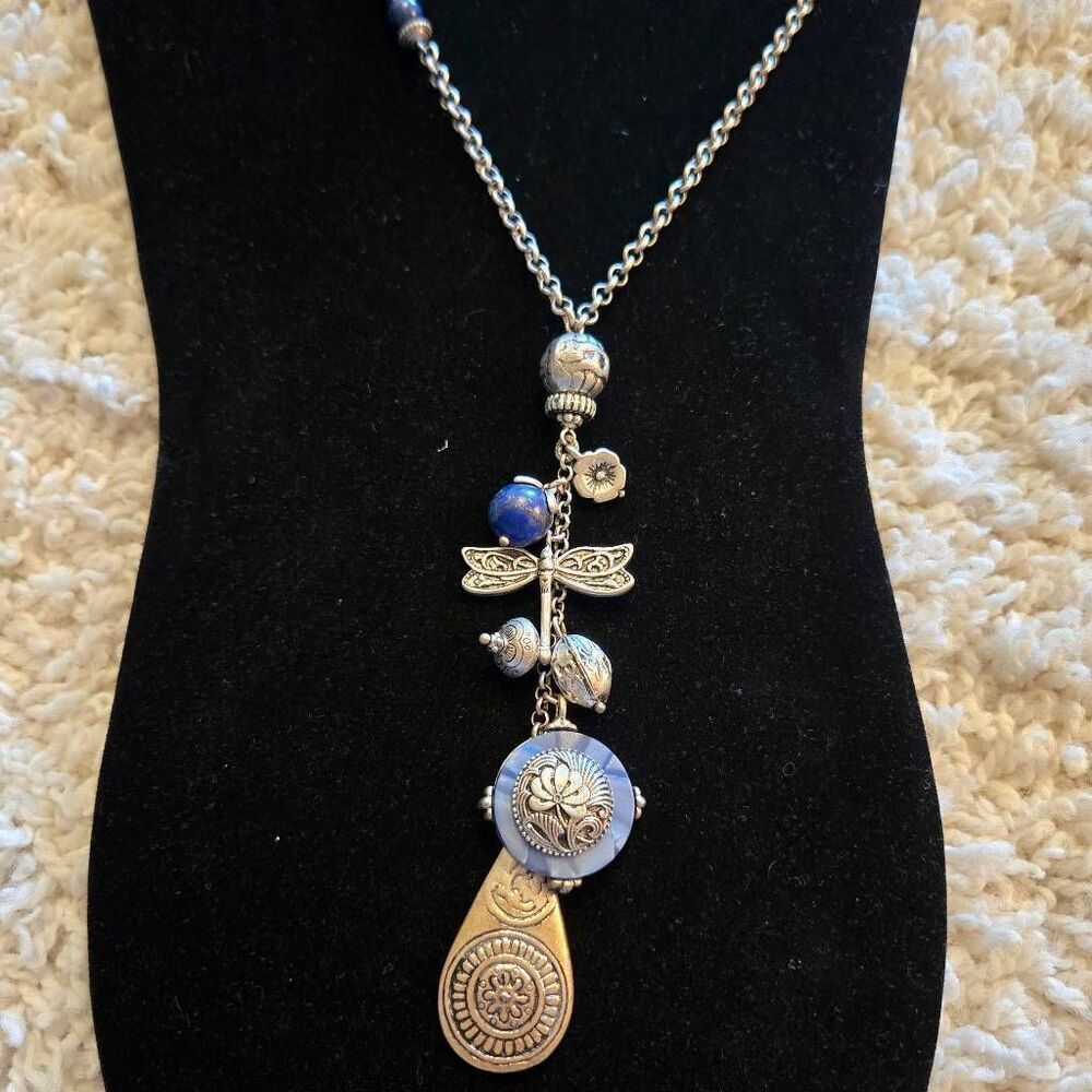 Chico's Long Charm Necklace Silver & Blue Stone
